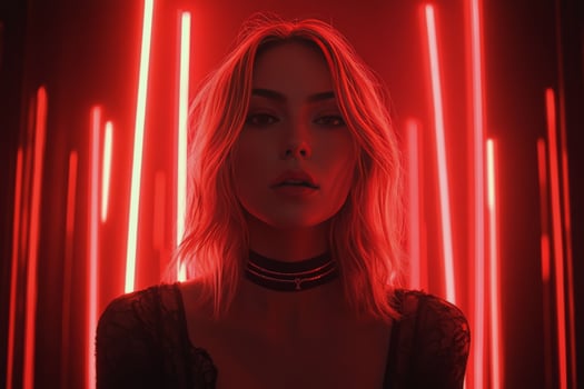 A young woman poses confidently under vibrant red lights in an urban setting at night photo
