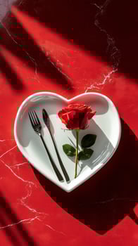 Elegant display of a rose and fork on a heart shaped plate against a red background photo