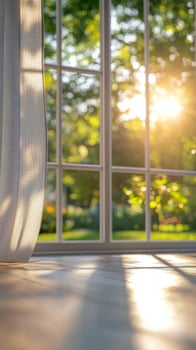 Sunlight streaming through a window onto a wooden floor in a serene garden setting photo