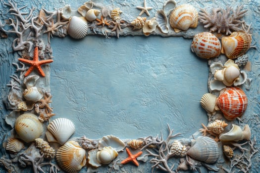Delicate arrangement of various seashells and starfish on a light blue textured background photo