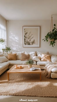 Cozy living room with natural light and indoor plants in a serene setting photo