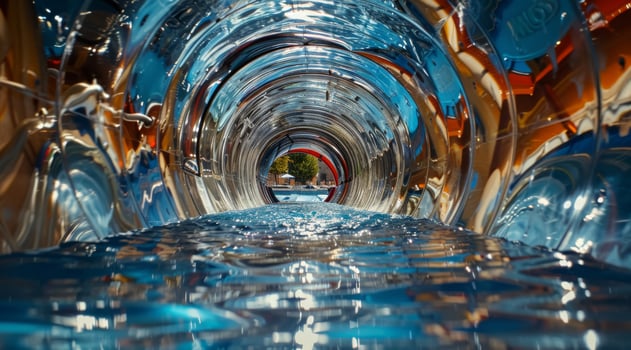 A stunning view of a vibrant water slides tunnel, showcasing brilliant colors along with rippling water photo