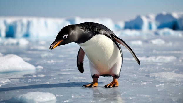 A penguin standing on some ice with a blue sky photo