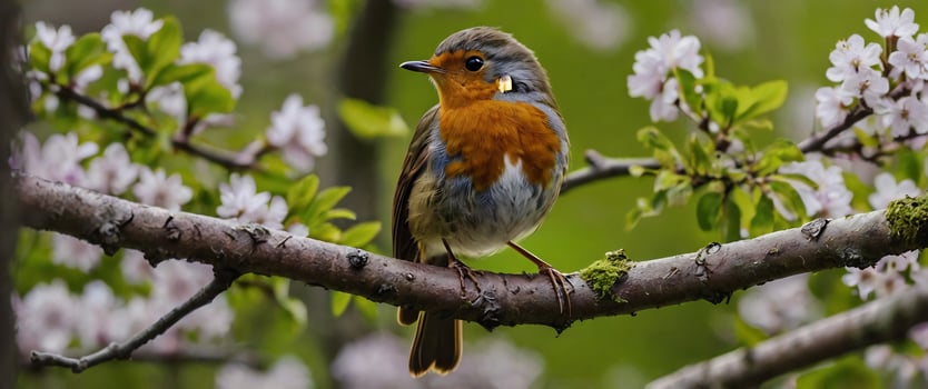 A bird sitting on a branch with flowers photo