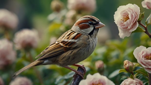 A bird is sitting on a branch with pink flowers photo