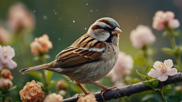 A bird is sitting on a branch with flowers photo