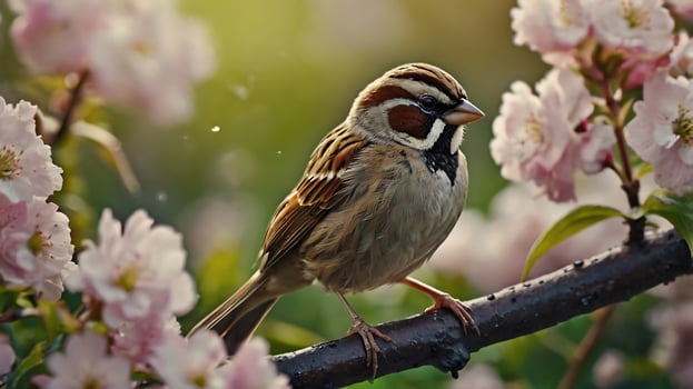 A bird is sitting on a branch with flowers photo