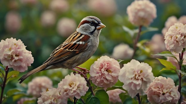 A sparrow is perched on some pink flowers photo