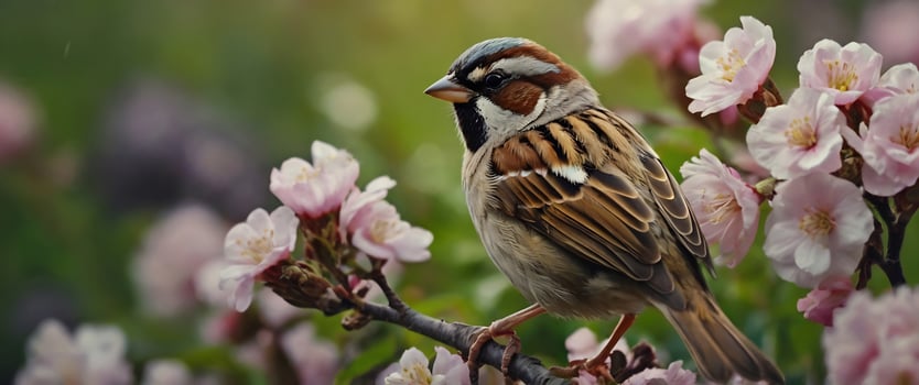 A bird is sitting on a branch of flowers photo