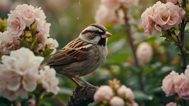 A bird is sitting on a branch in front of pink flowers photo