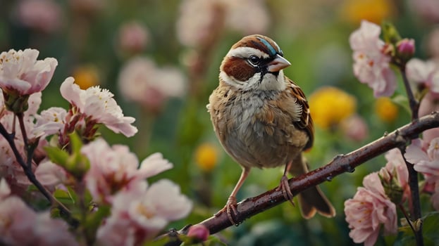 A bird is sitting on a branch in front of flowers photo