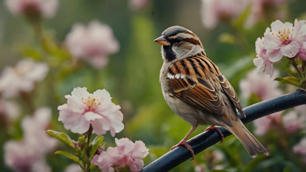 A sparrow sits on a branch with pink flowers photo