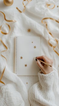 A young woman relaxing on a cozy bed while sketching in a notebook during a tranquil afternoon photo
