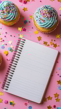 Colorful confetti and decorations surrounding a blank spiral notebook on a pink background photo