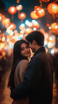 A couple embraces during a vibrant fireworks display in a lively city at night photo