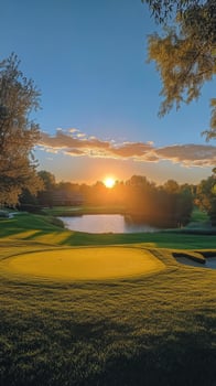 Sunrise over a serene golf course with a pond and vibrant colors in the sky photo