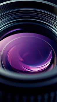 Close up view of a camera lens revealing intricate details and reflections in vibrant colors photo
