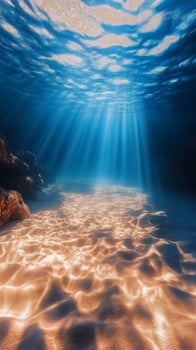 Underwater sunlight beams illuminating sandy ocean floor and coral formations during midday photo