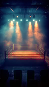 A dimly lit wrestling ring ready for action with vibrant spotlights illuminating the space photo