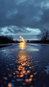 Wet road reflecting streetlights under a moody sky during dusk photo