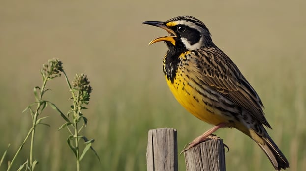 A yellow and black bird is sitting on a fence post photo