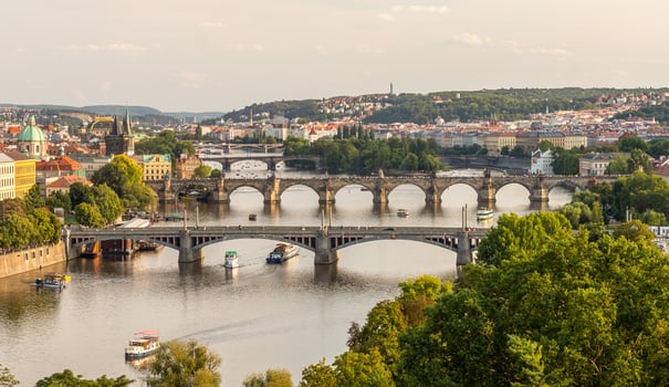 Prague, Czech republic - 07 31 2024. view of the Prague cityscape with the Vltava River, bridges and towers photo