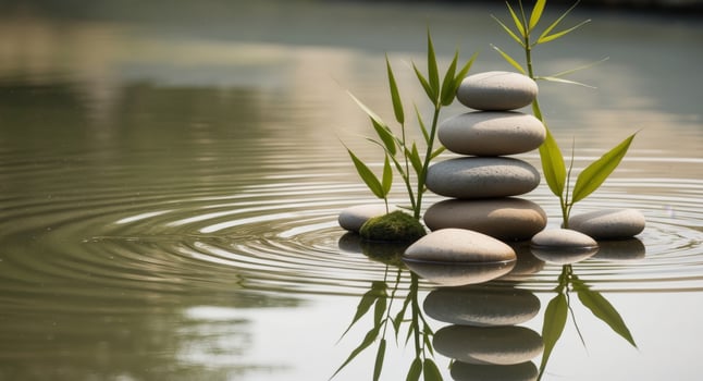 A stack of stones and bamboo in the water photo