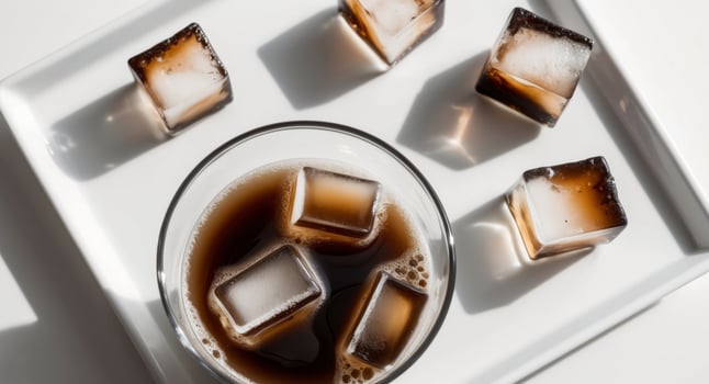 A glass of ice cubes with a cup of coffee photo