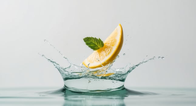 A lemon slice falling into water with a leaf photo