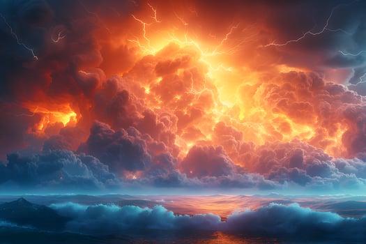 Dramatic Thunderstorm Over Ocean with Fiery Clouds and Lightning photo