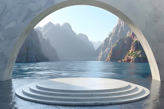 Serene Minimalistic Archway Overlooking Tranquil Lake and Rugged Mountains photo