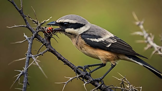 A bird is eating a piece of fruit on a branch photo