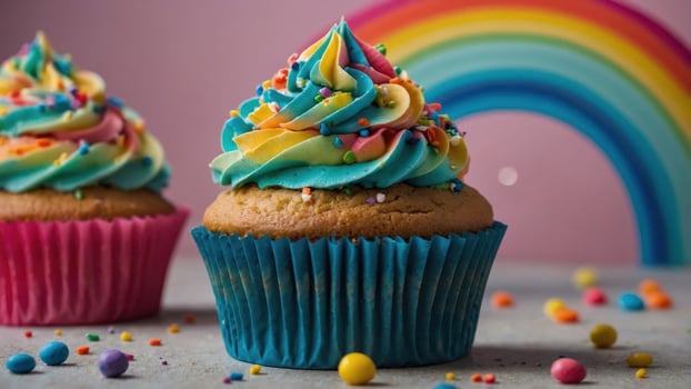 A colorful cupcake with vibrant frosting and sprinkles, set against a pastel rainbow backdrop. photo