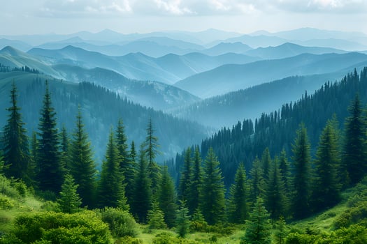 Tranquil Mountain Landscape with Lush Green Pine Forest and Rolling Hills photo