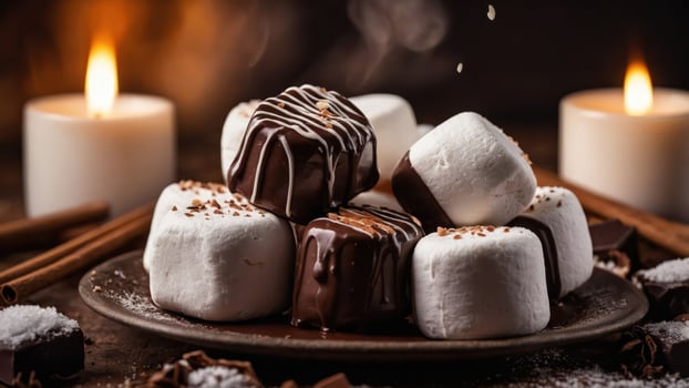 A cozy arrangement of chocolate-drizzled marshmallows on a plate, surrounded by candles. photo