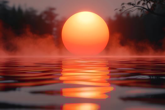 Tranquil Sunrise Reflections Over Misty Lake at Dawn photo