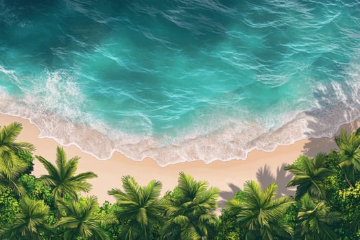 Tropical beach view with clear waters and lush greenery along the shoreline in daylight photo