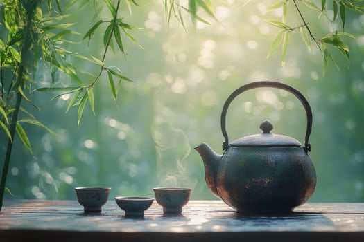 Tranquil tea set among lush bamboo in serene nature during early morning light photo