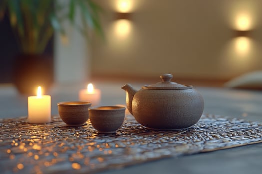 Cozy tea setting with a decorative pot, cup, and candle on a textured surface in soft lighting photo