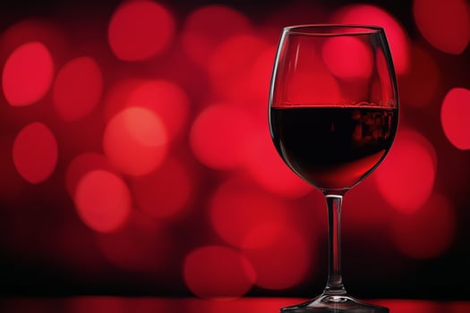 A glass of red wine stands elegantly against a backdrop of glowing red lights photo