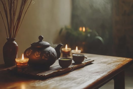 A tranquil tea setting with candles and cherry blossoms in a warm evening light photo