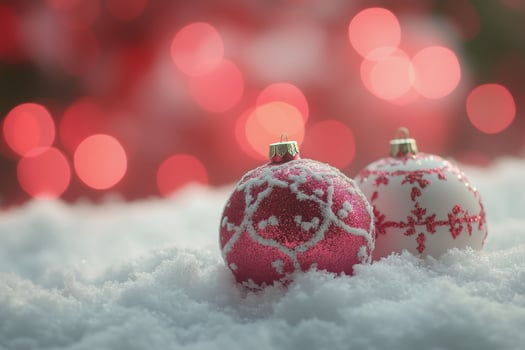 White and red Christmas ornaments on a snow like background during the festive season photo