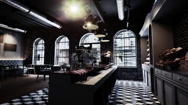 Modern Restaurant With Black and White Checkered Floor photo
