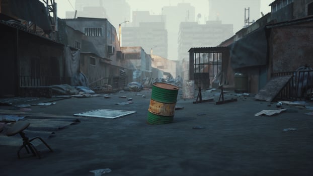 Abandoned urban street with debris and a green barrel in a desolate environment photo