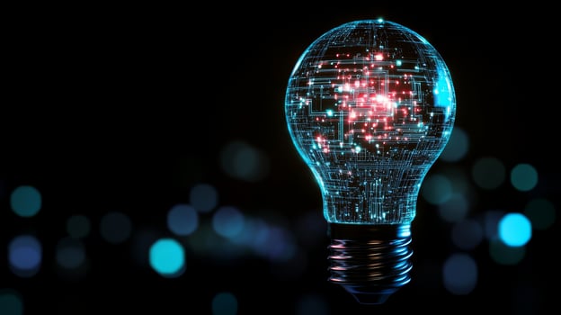 This visually stunning light bulb features a unique microcircuit pattern that illuminates beautifully against a dark background, highlighting advanced technology and innovative ideas photo