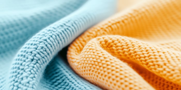 Close-up view of cozy fabric texture in light blue and sand tones under soft lighting photo