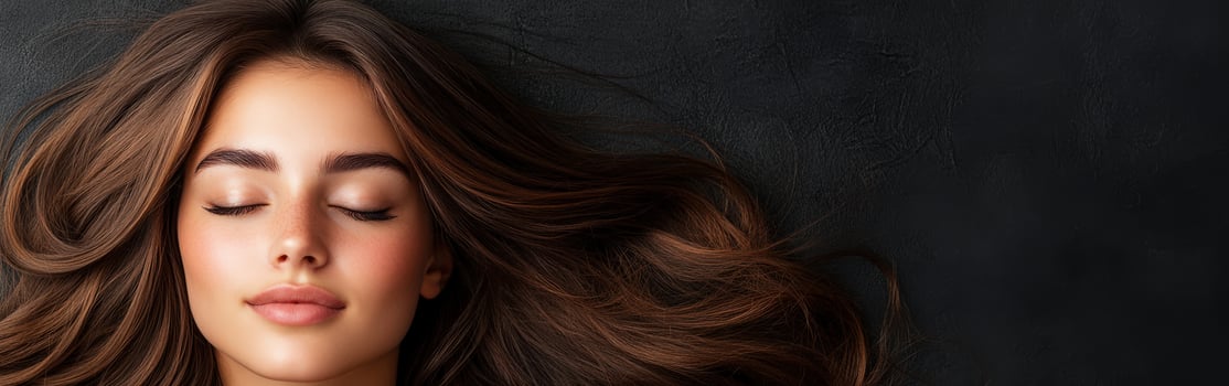 A serene young woman relaxing with flowing hair on a dark background photo