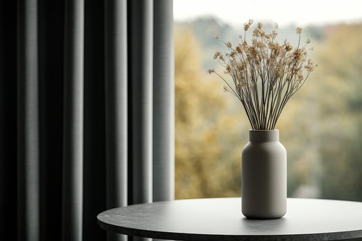 Minimalist decor with dried flowers in a vase on a table by the window photo