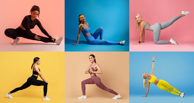 Six women engage in different fitness poses on vibrant backgrounds. They demonstrate stretching, lunges, and leg raises while wearing stylish workout attire. photo