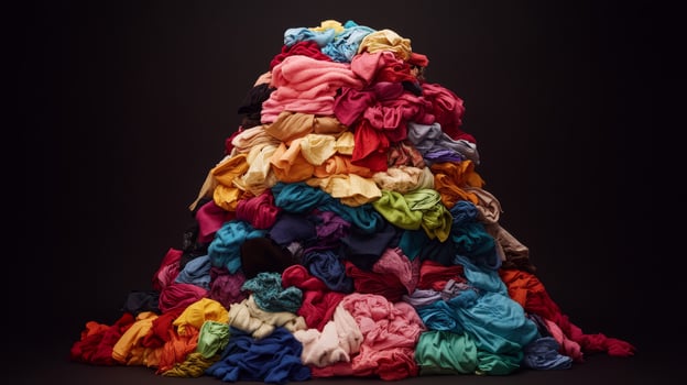 This engaging still life art features a colorful pile of crumpled clothing against a dark background, evoking themes of laundry, abundance, and domesticity within a household context photo